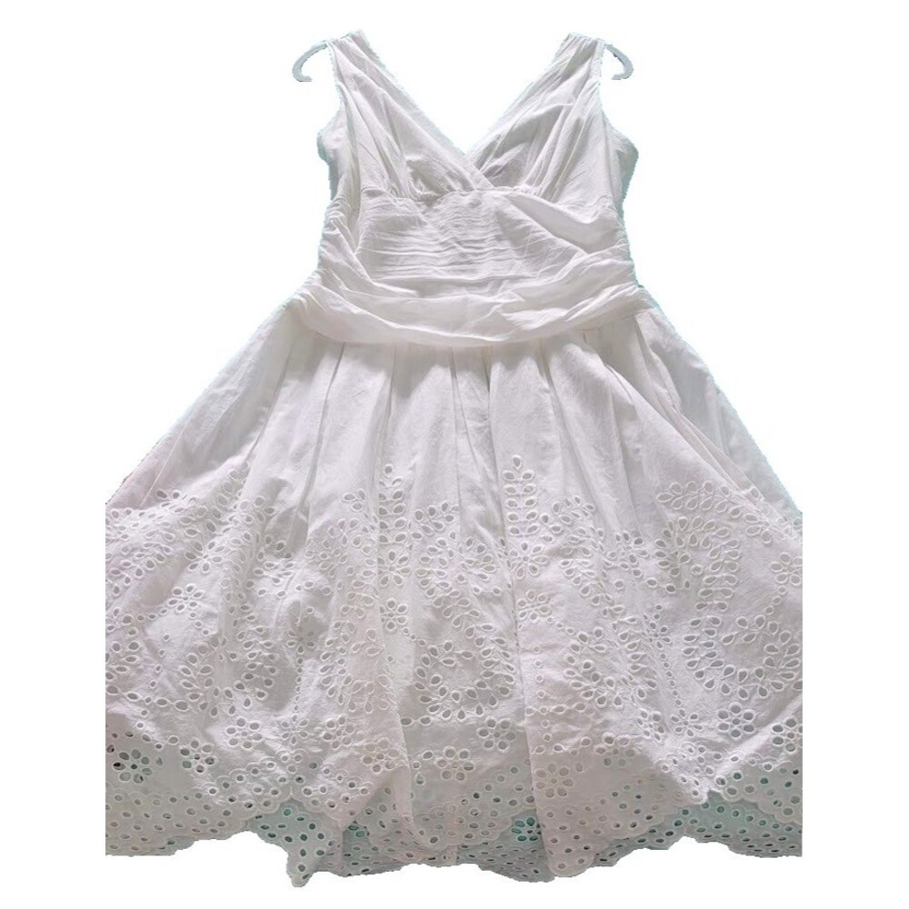 SLNY Dainty Ethereal Cottage Primavera Lace Eyelet Midi Cotton Dress White 12